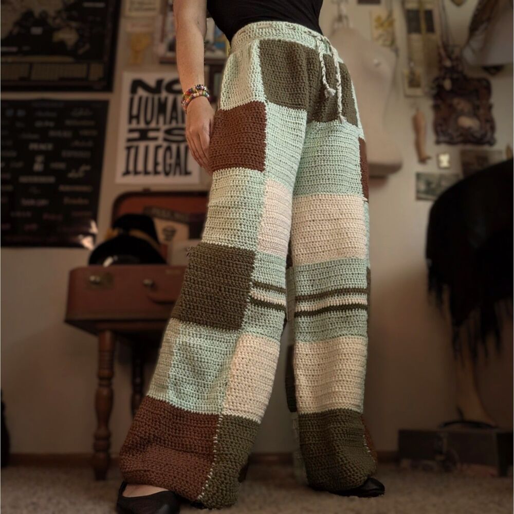Colorblock Patchwork Crochet Knit Pants Women's Large Blue Green Earth Tone